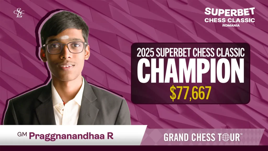 web graphic 2025 GCT Romania Gladiator Praggnanandhaa Champ 3 way