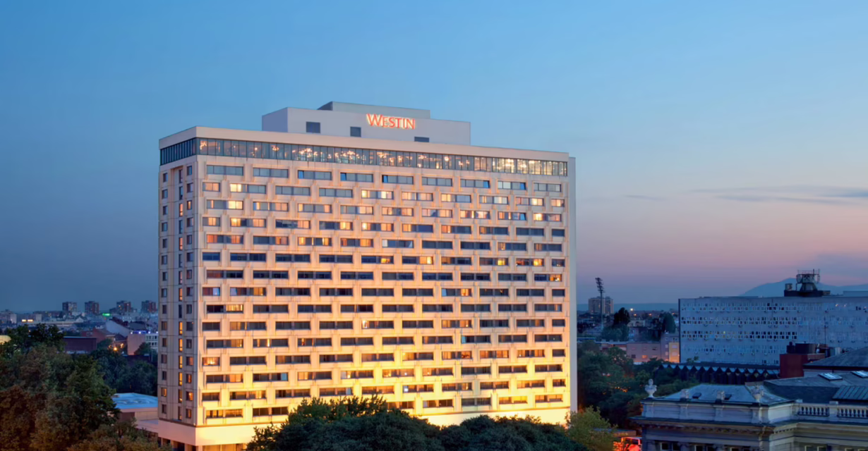 The Westin Zagreb -evening skyline view.